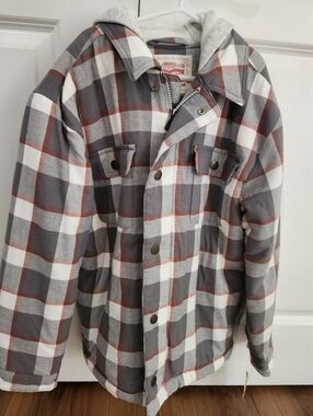 Levi's Boys Gray & White Plaid Hooded Jacket. Size Large. Brand New With Tags.
